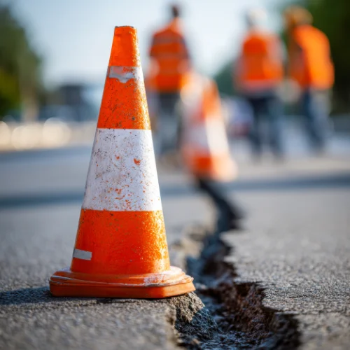 Cracked Roadway with Cones and Workers Fixing The Crack
